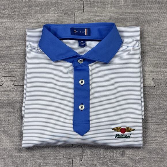 Stitch Golf Polo Shirt Mens M Blue Striped Baltusrol Logo Performance Preppy EUC - Picture 2 of 13
